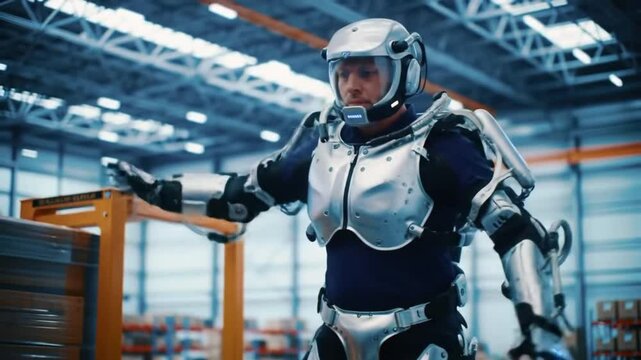 Person in robot armor suit demonstrating futuristic tech or exoskeleton design
