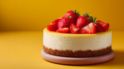 Strawberry Cheesecake On Yellow Background