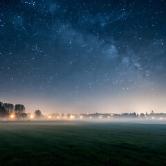 Fototapeta premium Starry night over misty field and distant cityscape wide view