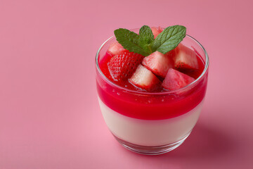 Fruit Dessert in Glass Colorful Layers on Pink Background