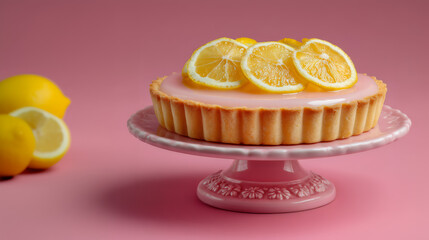 Beautifully Arranged Lemon Tart on Pink Stand