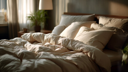 Cozy Beige Bedding In Sunny Bedroom