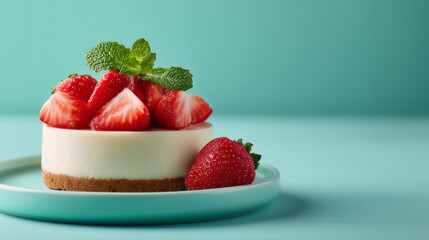 Mini Cheesecake with Fresh Berries and Mint on Teal Plate