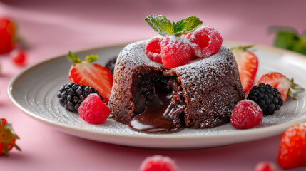 Chocolate Lava Cake With Fresh Berries On Pink Background