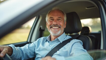 Smiling mature man wearing belt sits driver of new car. Happy businessman enjoys driving auto vehicle. Safe journey, road trip, travel, transport. Comfortable lifestyle.