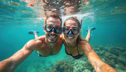 Happy couple snorkeling. Man, woman wear mask, fins in ocean water. Asian tourists enjoy marine life underwater, exploring coral reef during summer vacation. Underwater view selfie in tropical