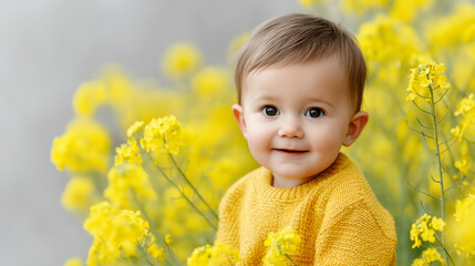 Happy Child in Yellow Sweater Amongst Yellow Flowers