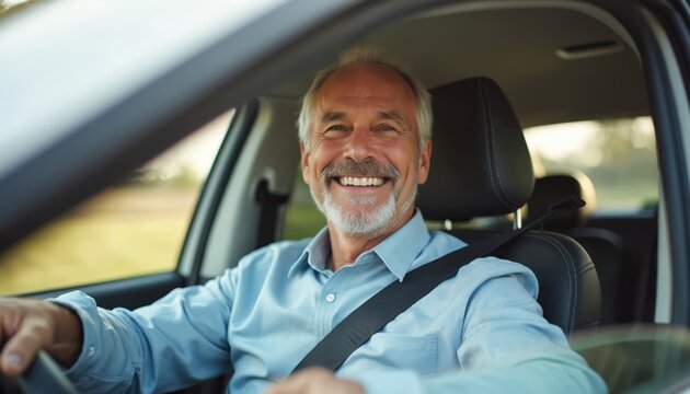 Smiling mature man wearing belt sits driver of new car. Happy businessman enjoys driving auto vehicle. Safe journey, road trip, travel, transport. Comfortable lifestyle.