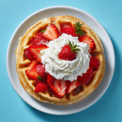 Overhead View of a Strawberry Waffle with Whipped Cream on a Light Blue Background