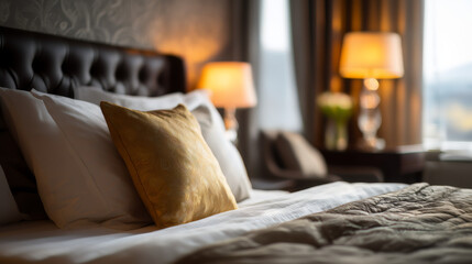 Elegant Hotel Bedroom Interior With Golden Pillow
