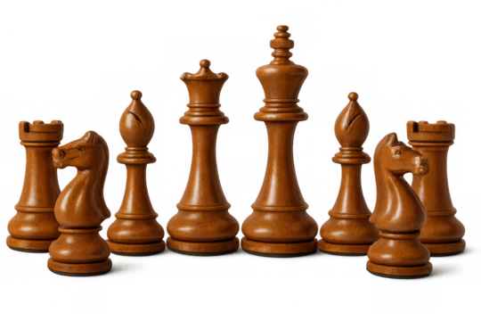 Classic wooden chess pieces arranged for a new game, isolated on transparent background, ready for next move
