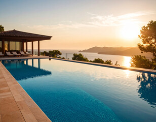 Fototapeta premium Luxury Villa with Infinity Pool and Breathtaking Sunset Ocean Views