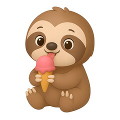 Obraz premium Adorable Baby Sloth Enjoying a Sweet Strawberry Ice Cream Cone on a Warm Summer Day Transparent Background