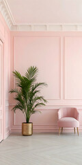 Fototapeta premium Soft pink room with palm plant pastel minimalist interior