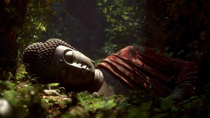 Reclining Buddha in serene forest setting, evoking tranquility and contemplation. Reflects themes of enlightenment and final rest from Buddhist teachings.