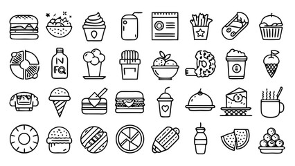 Collection of hand drawn food and drink icons representing fast food and desserts isolated on white background