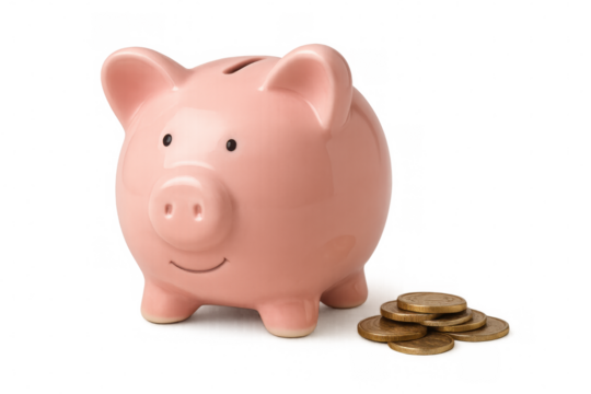 Pink piggy bank grinning near golden coin stack, symbolizing financial growth and money-saving strategy on clean transparent surface