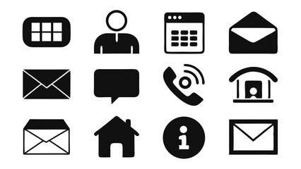 Collection of twelve hand drawn black icons representing common communication and contact elements isolated on white background