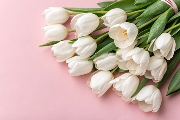 Obraz premium Bouquet of white delicate tulips on pink background, Top view