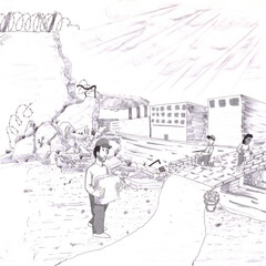 People Building a Wall Out of a Knocked Down Wall by Three Workers