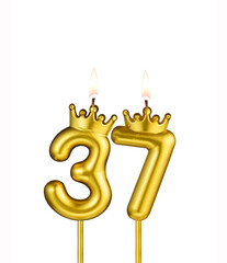 Golden candle with crown number 37 - White background