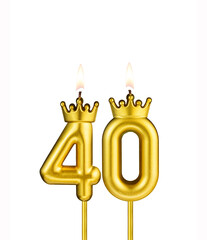 Golden number 40 birthday candle on white background