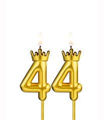 Golden number 44 birthday candle on white background