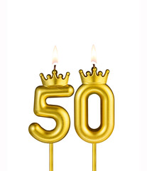 Golden number 50 birthday candle on white background