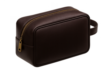 Stylish dark brown leather toiletry bag with a transparent background