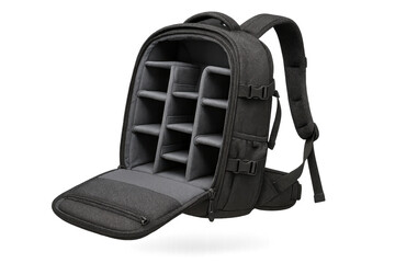 Naklejka premium Black camera backpack with internal dividers, isolated on transparent background