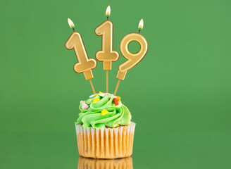 Birthday card with candle and cupcake - Number 119 on a green background