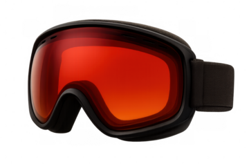 Studio shot featuring black ski goggles with an orange lens, isolated against a transparent background, highlighting modern design and outdoor style