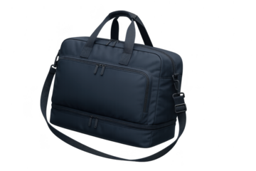 Stylish dark blue duffel bag with shoulder strap isolated on transparent background
