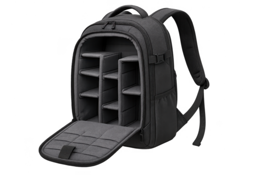 Black camera backpack with open interior isolated on transparent background