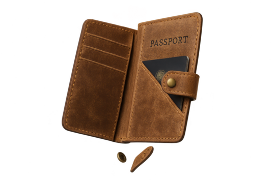 Stylish open brown leather passport holder, isolated on a transparent background