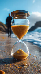 An elegant hourglass stands on soft sandy beach sand under bright daylight. In the background, a blurred couple symbolizes fleeting moments and the passage of time, evoking themes of love, patience, a
