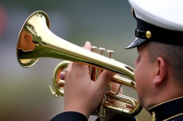 A solitary bugler sounds Taps: a poignant Memorial Day tribute unfolds, the gleaming brass instrument the focal point of remembrance and solemn respect.
