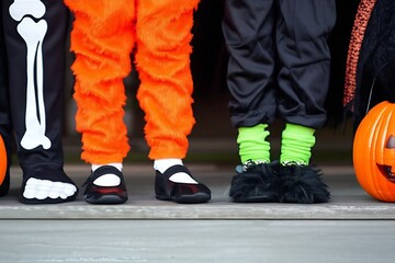 Costumed childrens feet anticipate Halloween: Little ghouls and goblins eagerly await the chance to shout trick or treat from a decorated doorstep.