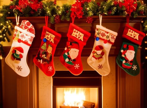 Christmas Eve anticipation: Stockings are hung with care by the fireside, awaiting Santas arrival and the magic of Christmas morning.