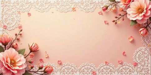 Delicate vintage lace with floral patterns on a soft peach background, feminine elegance, delicate lace designs, vintage lace flowers peach background