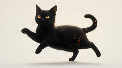A sleek black cat strikes a fluid, mid-air dance pose, radiating elegance and motion in a minimalist dark setting, with artistic lighting enhancing its dramatic and graceful silhouette.