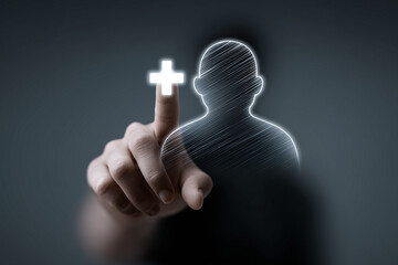 User adding: hand touching plus icon for new social profile