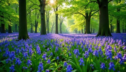 Vast carpet of bluebells blooming in Wepham Woods, flora, environment