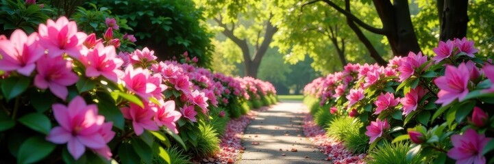 Obraz premium Vibrant azaleas and rhododendrons bloom along a spring garden path , delightful, foliage