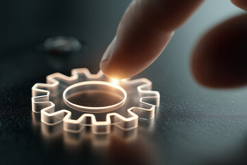 Hand tapping translucent gear icon digital settings technology