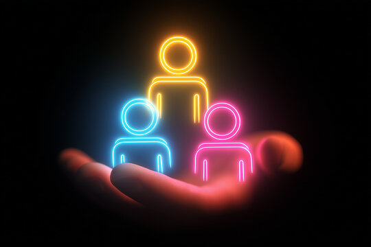 Digital community: neon user group icons in supporting hand