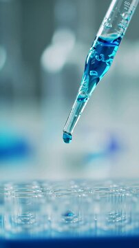Hand carefully pipetting single drop of blue liquid from vial well plate for testing