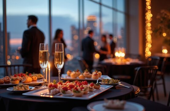 Elegant rooftop party in the city at dusk with guests. Champagne glasses, appetizers, snacks on the table with beautiful view of the skyline. Social gathering networking event.