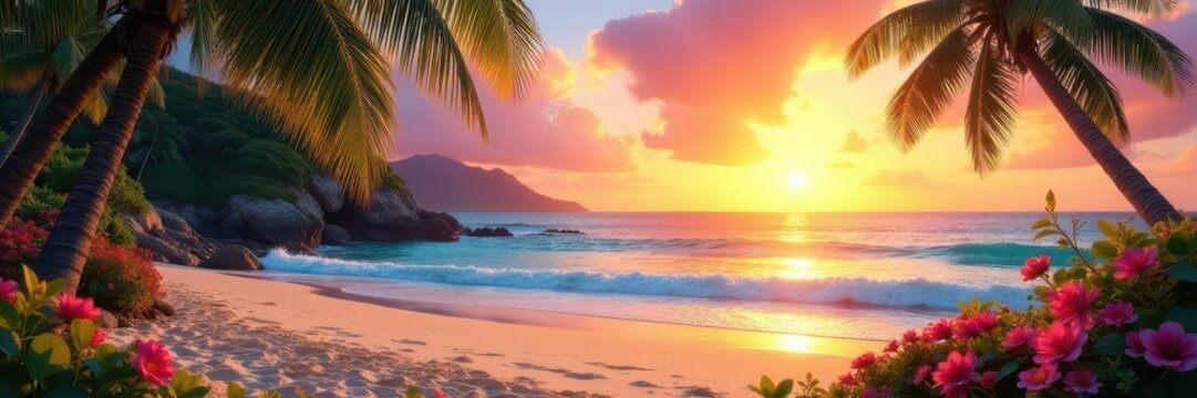 A serene beach scene with swaying palms and a stunning sunset backdrop, surrounded by lush greenery and colorful flowers , sunset, beach