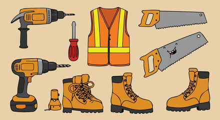 Construction Work Tools and Safety Gear Collection
